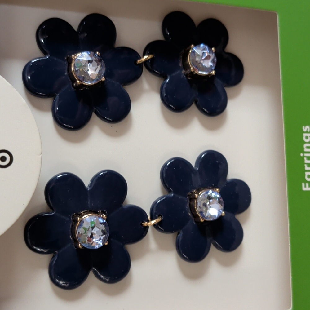 kate spade navy blue double flower drop earrings with crystal centers - Picture 2 of 4
